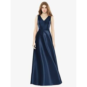 Alfred Sung Sleeveless A-Line Satin Dress w Pockets Midnight Blue Women’s 4 $231